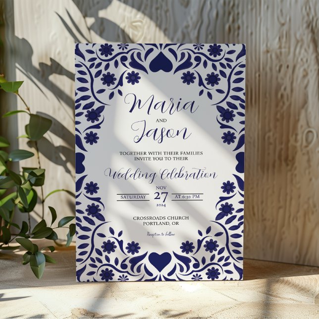 Convites Mexican Navy Blue Floral Elegant Romantic Wedding (Mexican Navy Blue Floral Elegant Romantic Wedding Invitation)