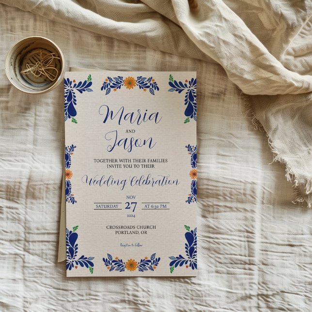 Convites Mexican Navy Blue Minimalist Floral Classy Wedding (Mexican Navy Blue Minimalist Floral Classy Wedding Invitation)