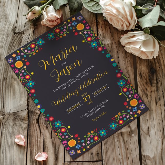 Convites Mexican Navy Floral Aesthetic Folk Art Wedding (Mexican Navy Floral Aesthetic Folk Art Wedding Invitation)