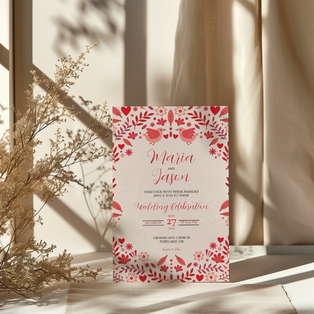 Convites Mexican Pink Red Floral Elegant Aesthetic Wedding (Mexican Pink Red Floral Elegant Aesthetic Wedding Invitation)