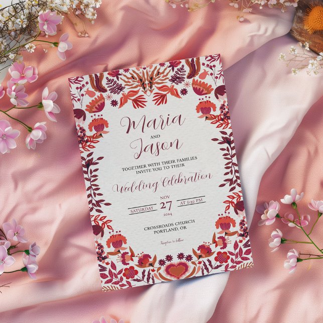Convites Mexican Red Burgundy Rose Floral Botanical Wedding (Mexican Red Burgundy Rose Floral Botanical Wedding Invitation)