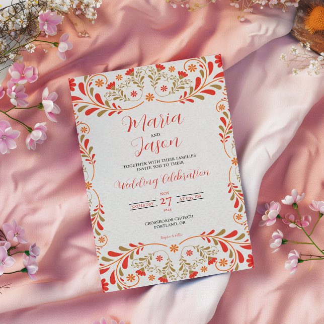 Convites Mexican Red Orange Gold Floral Elegant Wedding (Mexican Red Orange Gold Floral Elegant Wedding Invitation)