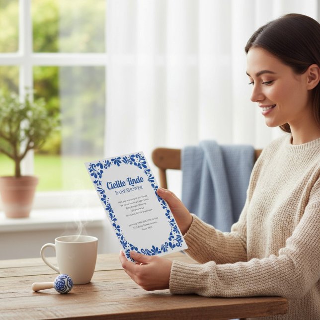 Convites Mexican Talavera Blue Baby Shower Invitation (Criador carregado)