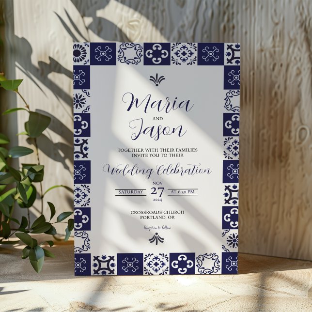 Convites Mexican Talavera Majolica Navy Blue White Wedding (Mexican Talavera Majolica Navy Blue White Wedding Invitation)