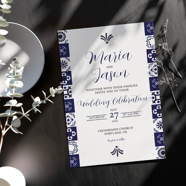 Convites Mexican Talavera Majolica Navy Blue White Wedding (Mexican Talavera Majolica Navy Blue White Wedding Invitation)