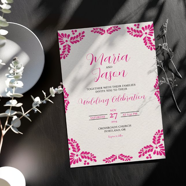 Convites Mexican Talavera Pink Floral Minimalist Wedding (Mexican Talavera Pink Floral Minimalist Wedding Invitation)