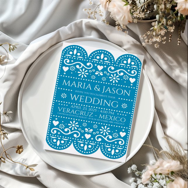 Convites Mexican Turquoise Papel Picado Folk Art Wedding (Mexican Turquoise Papel Picado Folk Art Wedding Invitation)