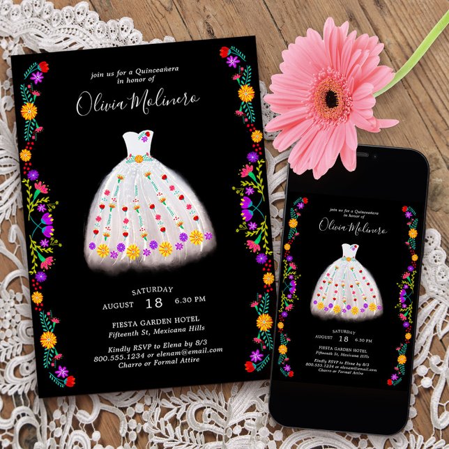Convites Mexicana Fiesta White Floral Princesa Quinceanera (Princess Dress Quinceanera invitation from my Mexican Fiesta Floral collection
)