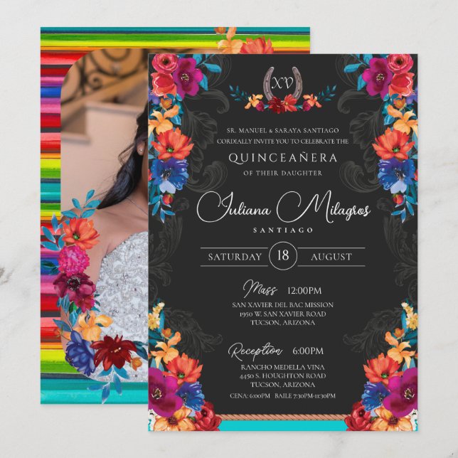 Convites Mexicano Fiesta Floral Adicione Sua Foto Quinceane (Frente/Verso)