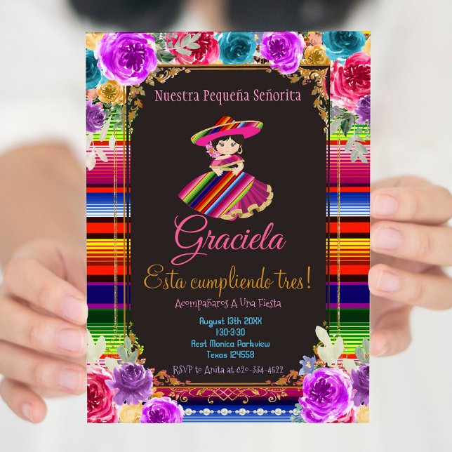 Convites Mexicano Fiesta Floral Birthday Mis Tres Años (Criador carregado)
