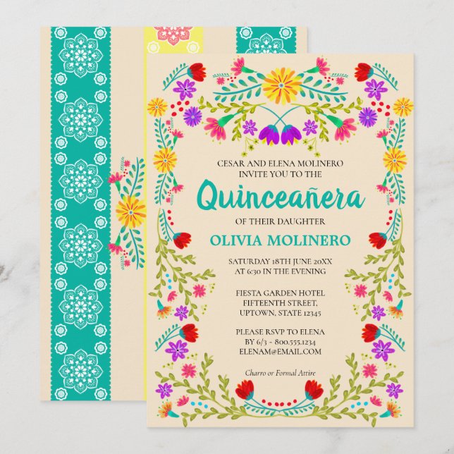 Convites Mexicano Fiesta Floral Champagne Quinceanera (Frente/Verso)