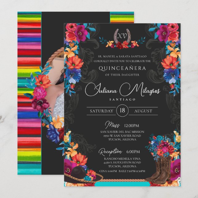 Convites Mexicano Fiesta Floral Charro Photo Quinceanera (Frente/Verso)