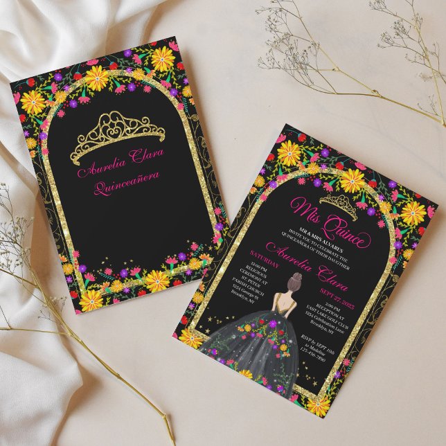 Convites Mexicano Fiesta Floral Princesa Dourada Quinceaner (Criador carregado)