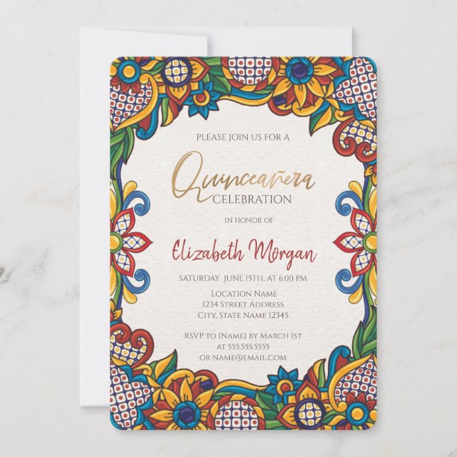 Convites Mexicano Fiesta Floral Quinceañera (Frente)