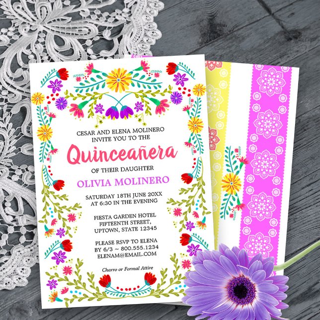 Convites Mexicano Fiesta Folk Art Floral Quinceanera (Quinceanera Invitation from my Mexican Fiesta Flowers Quinceanera Collection -printed or digital)