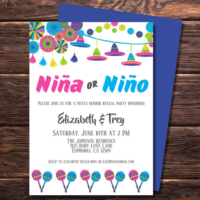 Convites Mexicano Fiesta Gênero Reveal Niña ou Niño (Have a fiesta to celebrate the gender of your new baby with this cute Mexican inspired invitation)