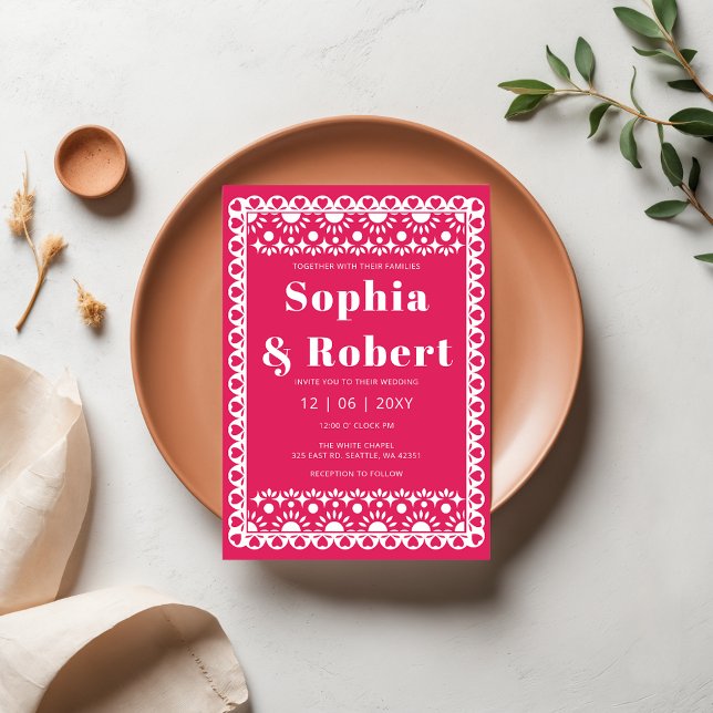 Convites Mexicano Fiesta Pink Papel Picado Boho Casamento (Mexican Fiesta Pink Papel Picado Boho Wedding Invitation)