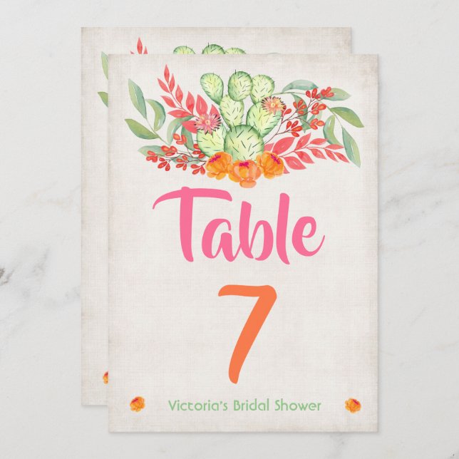 Convites Mexicano Fiesta Table number Watercolor Cactus (Frente/Verso)