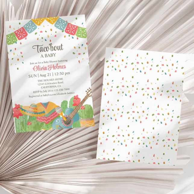 Convites Mexicano Fiesta Taco Sobre Um Chá de fraldas De Be (Mexican Fiesta Taco 'Bout A Baby Baby Shower Invitation on a dry white fan palm leaf.)