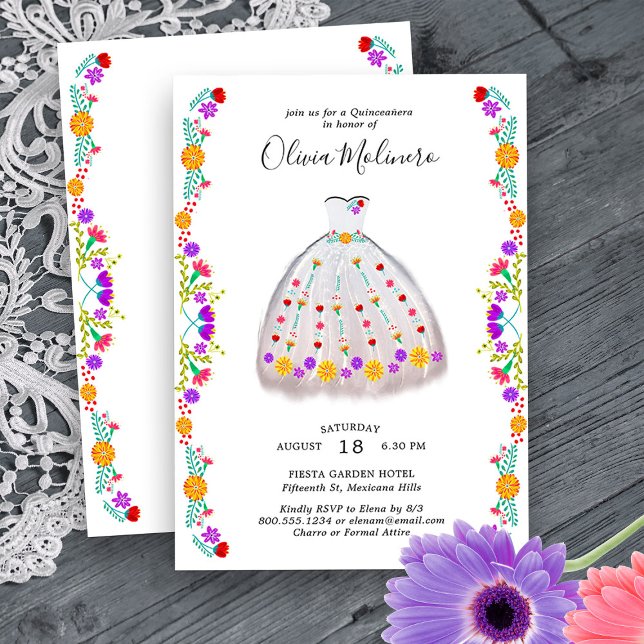 Convites Mexicano Fiesta White Floral Charro Quinceanera (Quinceanera Princess Dress Invitation from my Mexican Fiesta Flowers Quinceanera Collection)