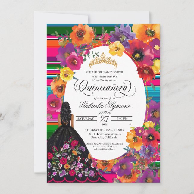 Convites Mexicano Folk-Art Huipil Floral Quinceanera Fiesta (Frente)