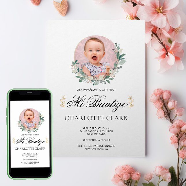 Convites Mi Bautizo Foto Botânica Espanhola Elegante (Mi Bautizo Photo Botanical Spanish Elegant Invitation)