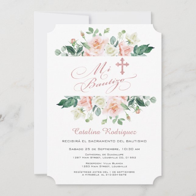 Convites Mi Bautizo Invitación Blush White Floral Baptism (Frente)