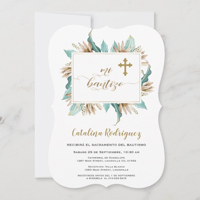 Convites Mi Bautizo Invitation Ivory Mint Floral Baptism (Frente)