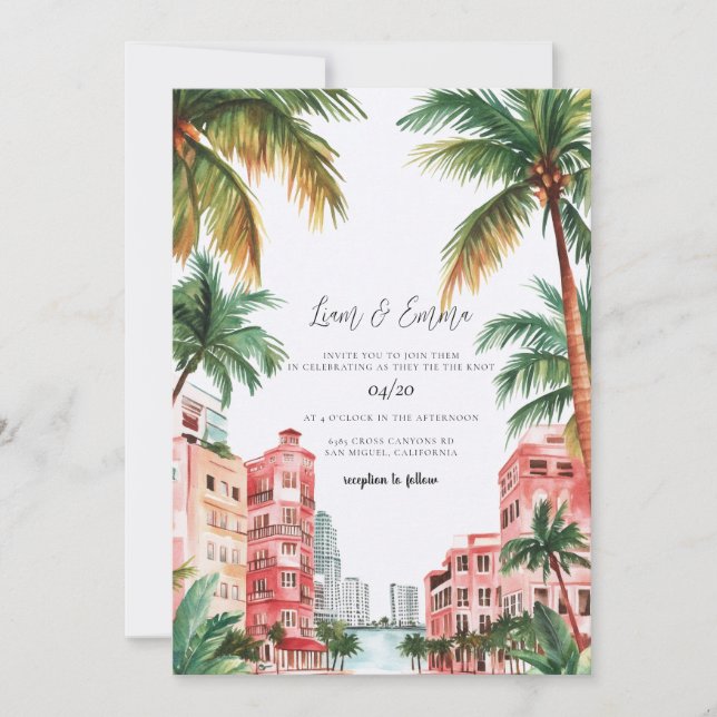 Convites Miami Florida Watercolor Wedding Invitation (Frente)