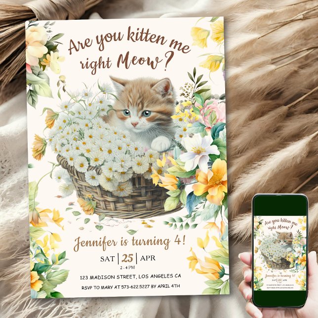 Convites Miau! Gatinha-de-cozinha-branca-floral Gato 4.o an (Criador carregado)