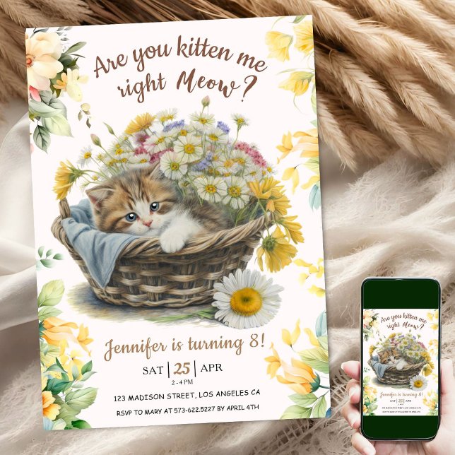 Convites Miau! Kitten Floral Kitty Gato do 8º Aniversário (Criador carregado)