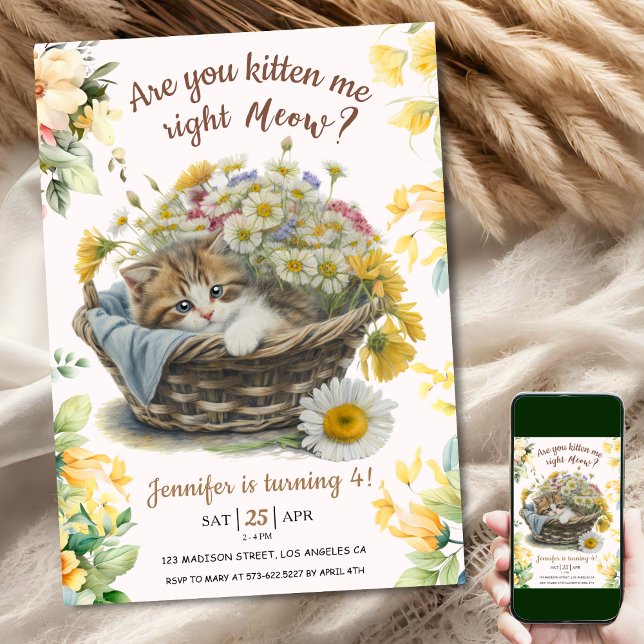 Convites Miau! Kitten Floral Kitty Gato do Quarto Aniversár (Criador carregado)