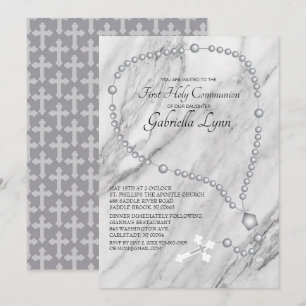 Convites Miçangas de Rosário de Prata Primeira Comunhão 