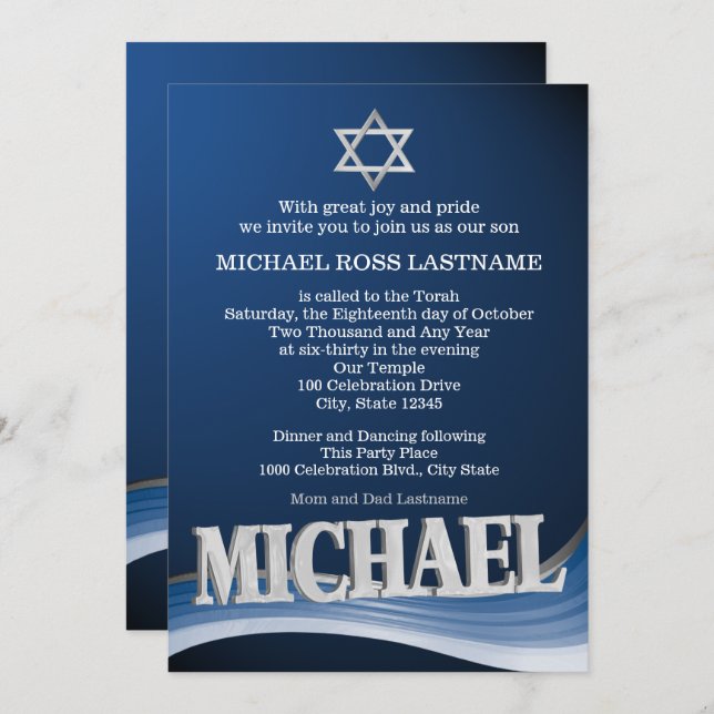 Convites Michael Steel Wave Name Bar Mitzvah (Frente/Verso)