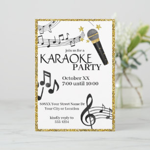 Convites Microfone Brilho Dourado Notas Musicais Festa Kara