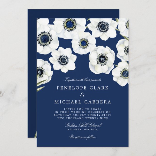 Convites Midnight Anemone | Casamento Floral (Frente/Verso)