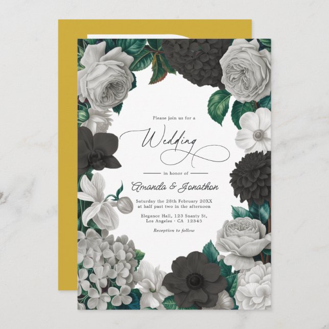 Convites Midnight Black, Oyster Gray & Soft Linen Wedding (Frente/Verso)