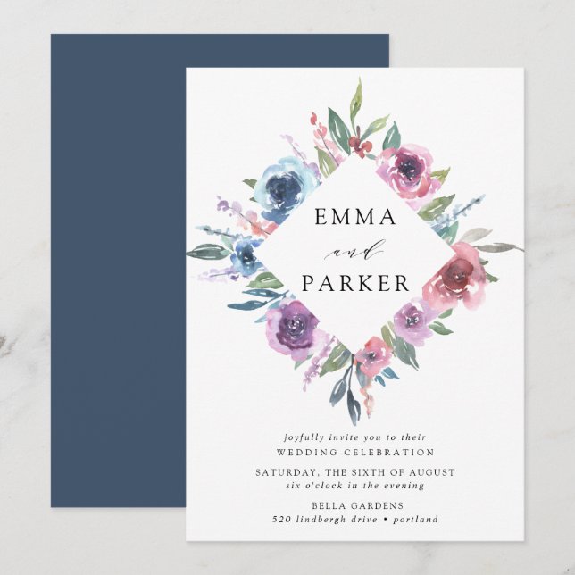 Convites Midnight Blooms | Casamento Floral Roxo e Azul (Frente/Verso)