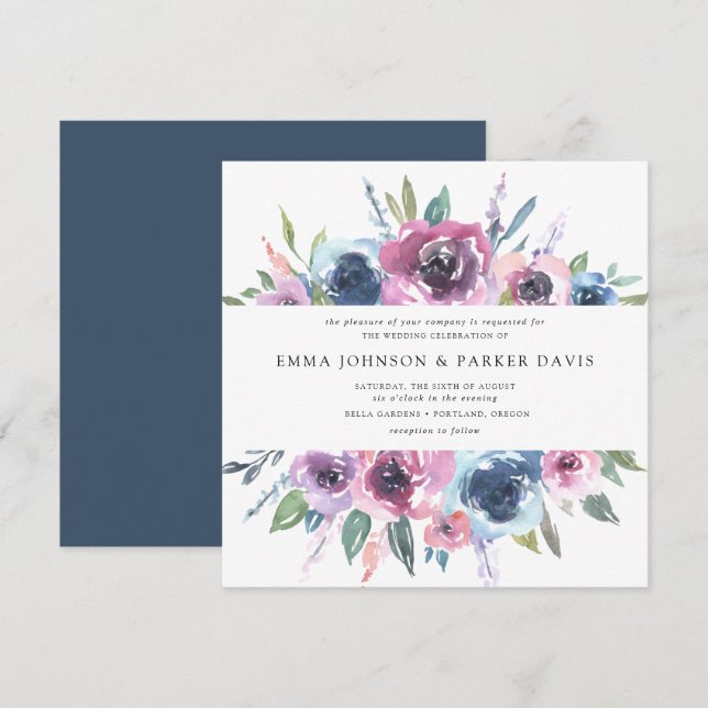 Convites Midnight Blooms | Casamento Floral Roxo e Azul (Frente/Verso)