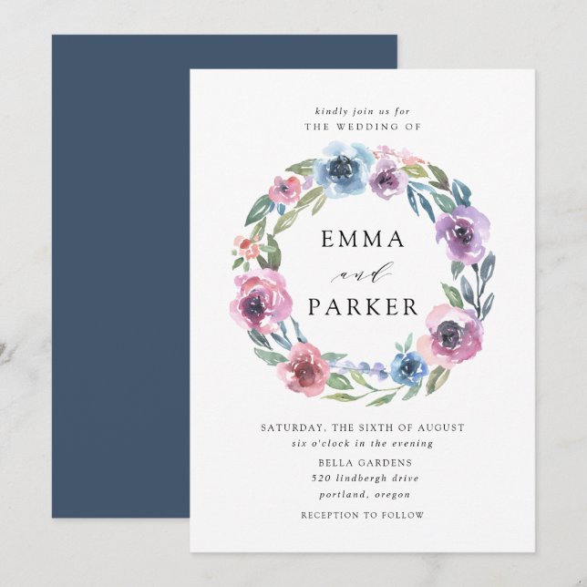 Convites Midnight Blooms | Casamento Floral Roxo e Azul (Frente/Verso)