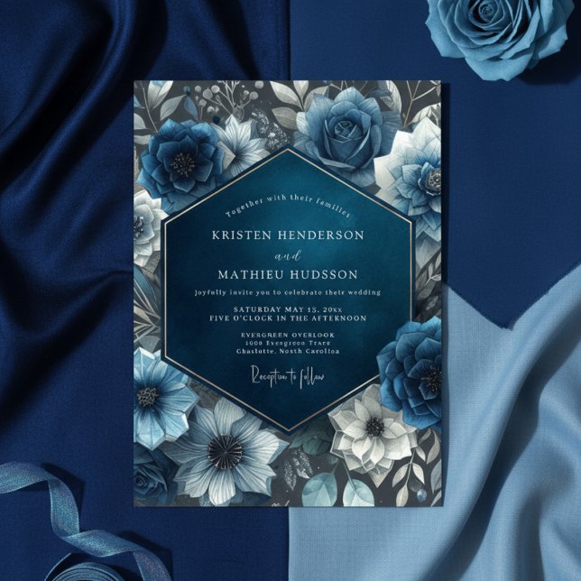 Convites Midnight Blue Floral Bloom Wedding (Criador carregado)