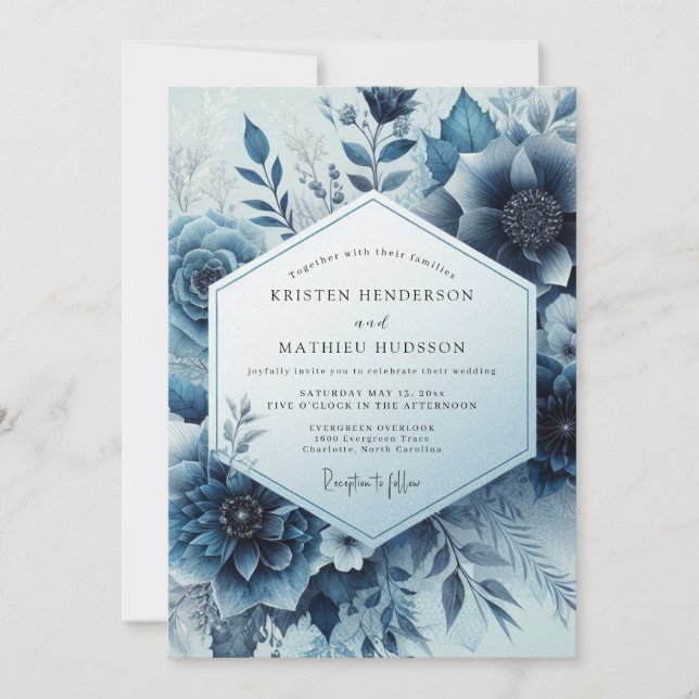 Convites Midnight Blue Floral Bloom Wedding (Frente)