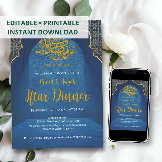 Convites Midnight Blue & Gold Islamic Arch Iftar Invitation (Criador carregado)