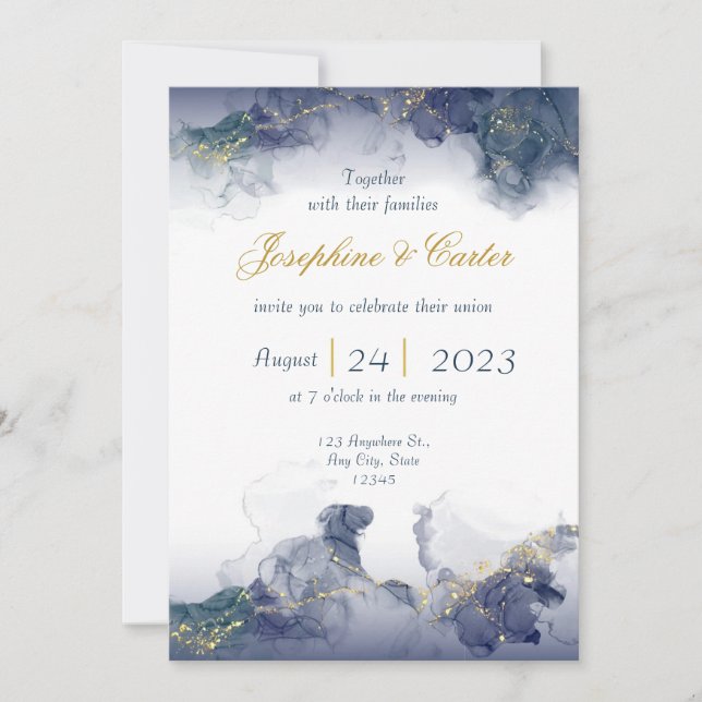 Convites Midnight Ink & Gold Wedding Invitation (Frente)