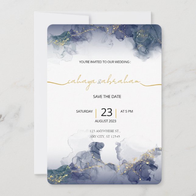 Convites Midnight Sky & Gold Veins Moody Modern Wedding  (Frente)
