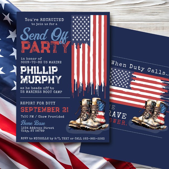 Convites Militares Enviam Festa de Bandeiras dos EUA Saindo (Navy blue USA drip flag boot camp US military Marines Air Force Army going away party invitation)