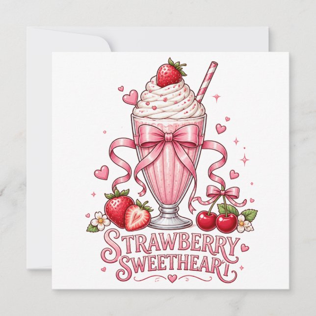 Convites Milkshake de Morango Cute Rosa Sobremesa Doce Trat (Frente)