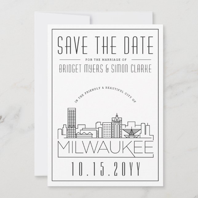 Convites Milwaukee Wedding | Skyline Estilizado Salvar a Da (Frente)