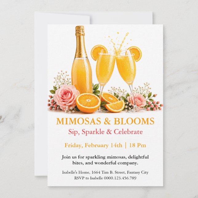 Convites Mimosas e Flores - Festa de Brunch com Champanhe (Frente)