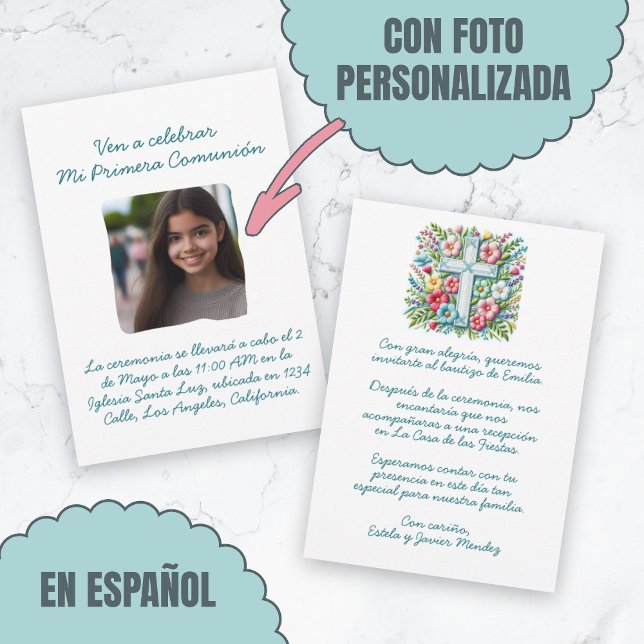 Convites Minha Primeira Comunhão com foto Cruz e Flores (Mi Primera Comunión con foto Cruz y Flores Invitation.)